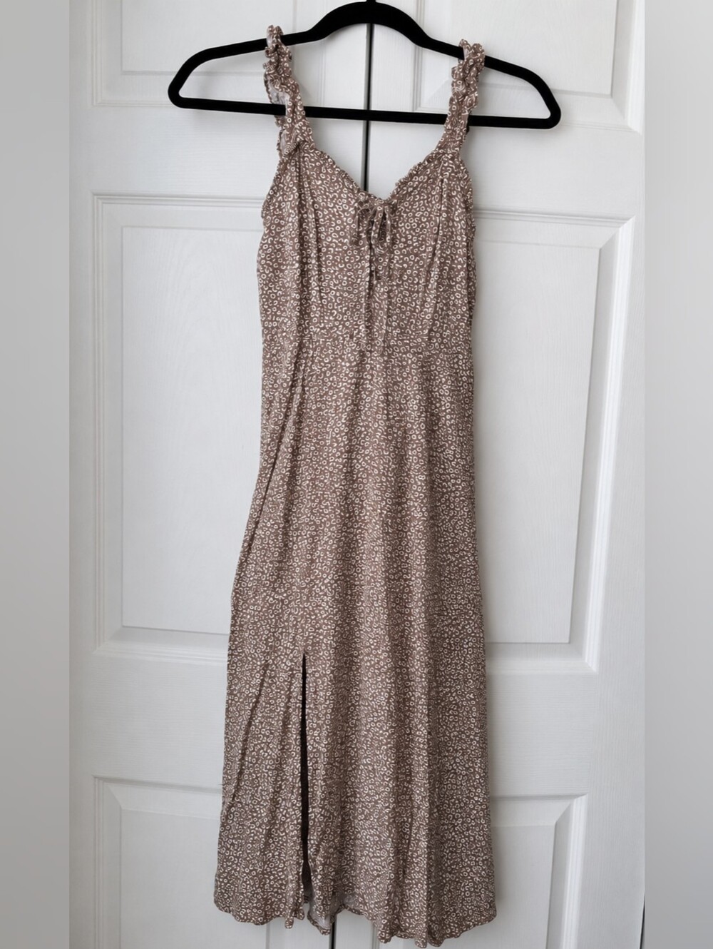 Japna Micro Leopard Print Boho Midi Dress Small Tie Front Side Slit EUC